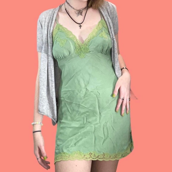 gold hawk Dresses Ethereal Monochromatic Green Lace Slip Dress